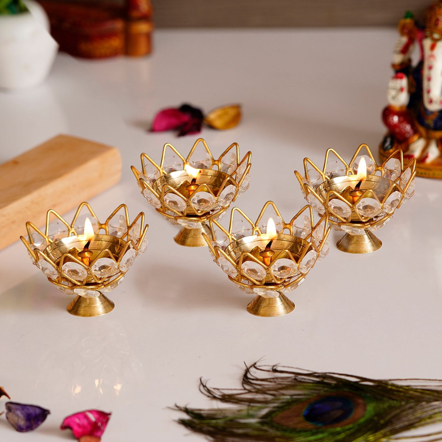 Lotus Shape Crystal Joot Diya Holder