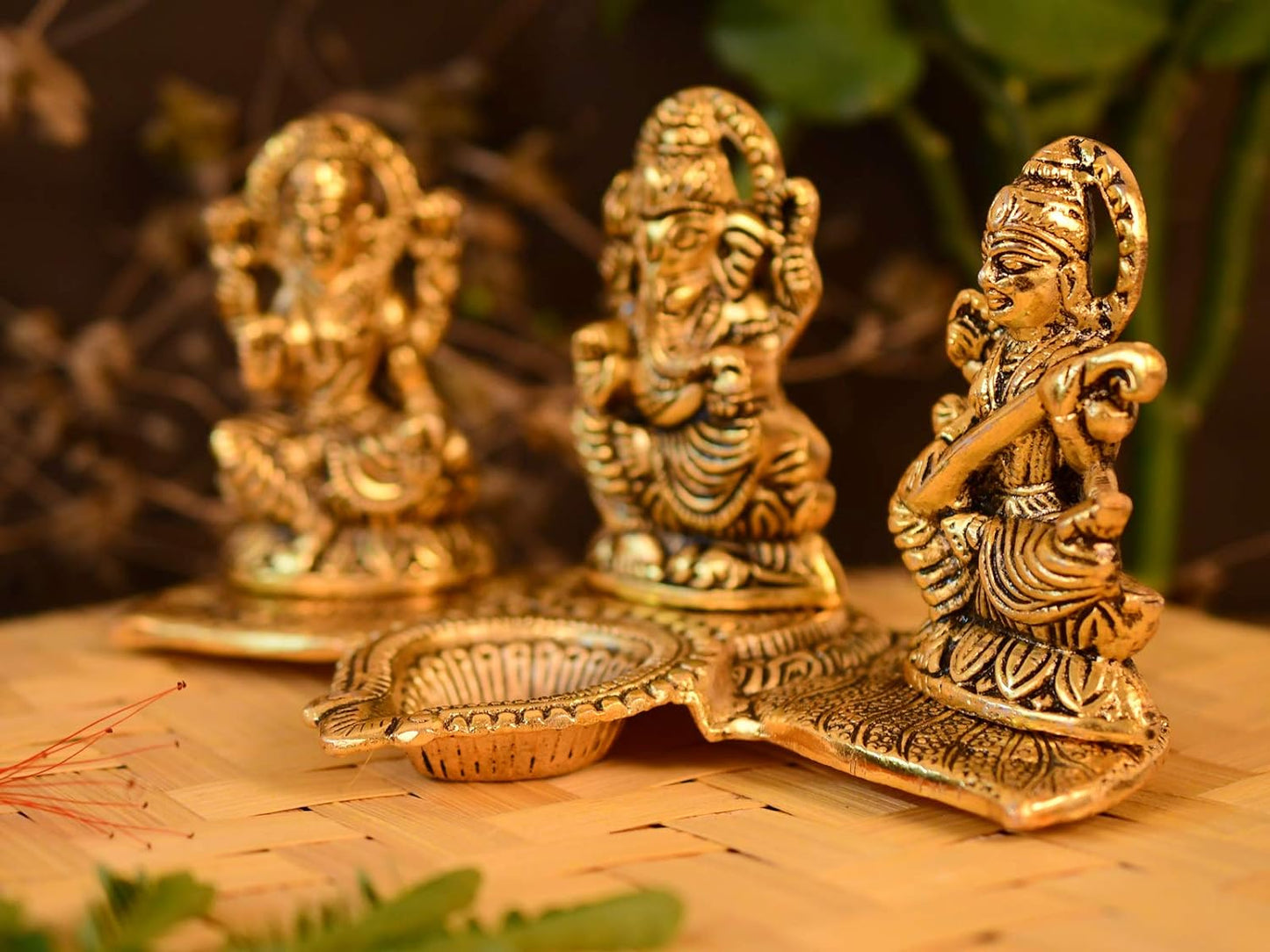 Lakshmi Ganesha Saraswati with Diya Diwali Statue Idol - Puja