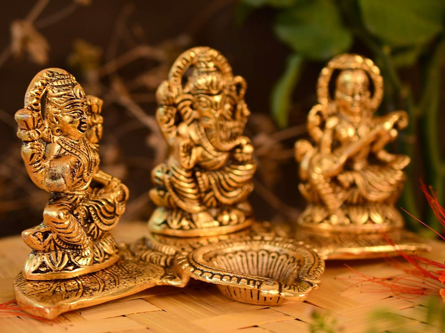 Lakshmi Ganesha Saraswati with Diya Diwali Statue Idol - Puja