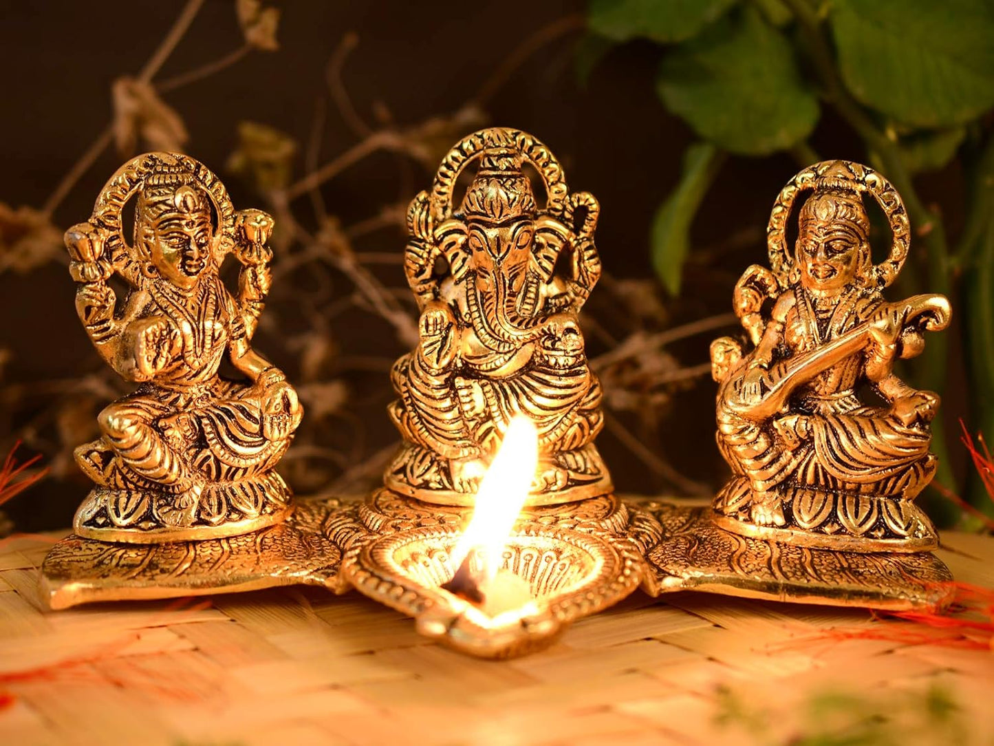 Lakshmi Ganesha Saraswati with Diya Diwali Statue Idol - Puja