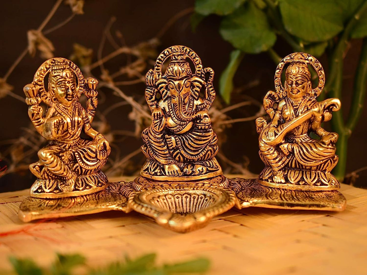 Lakshmi Ganesha Saraswati with Diya Diwali Statue Idol - Puja