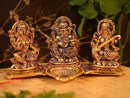 Lakshmi Ganesha Saraswati with Diya Diwali Statue Idol - Puja